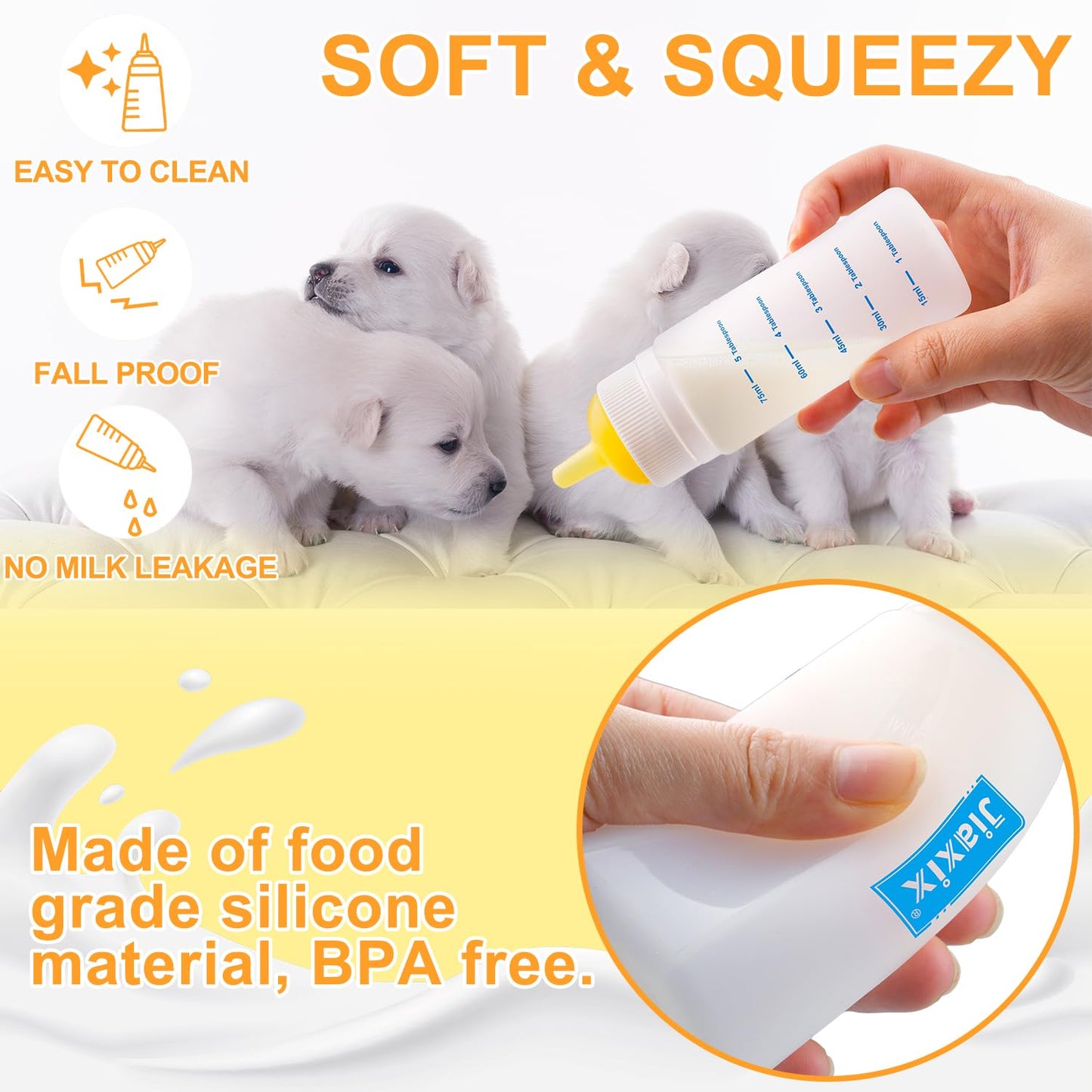 3 Pack Kitten Silicone Bottle Feeding Kit,Nipple & Feeding Kit for Kittens, Reusable Newborn Kitten Supplies, Suitable for Feeding Kitten, Puppy, Rabbit,Hamster (Yellow, Small+Medium+Large)