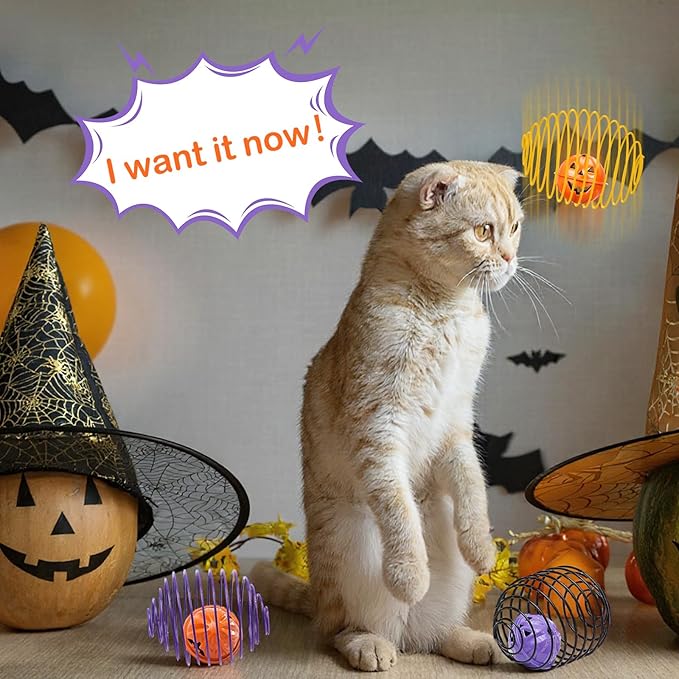 Jecery 5 Pcs Halloween Cat Spring Balls Toys Stretchable Rolling Balls Colorful Playful Coils Interactive Spring Action Toy Caged Rats for Kitten Cat Pet Supplies(Bell,Halloween Colors,5 Pcs)
