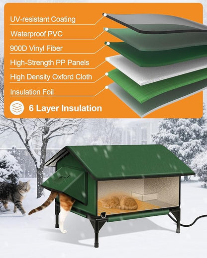 100% Waterproof Heated Cat House for Outdoor Cat with Safe Escape Door, Cat Bed Weatherproof Cat Shelter Kitty with Cat Heating Pad, Insulated Warm House for Feral Cat(Green, 16"x16"x19.3")