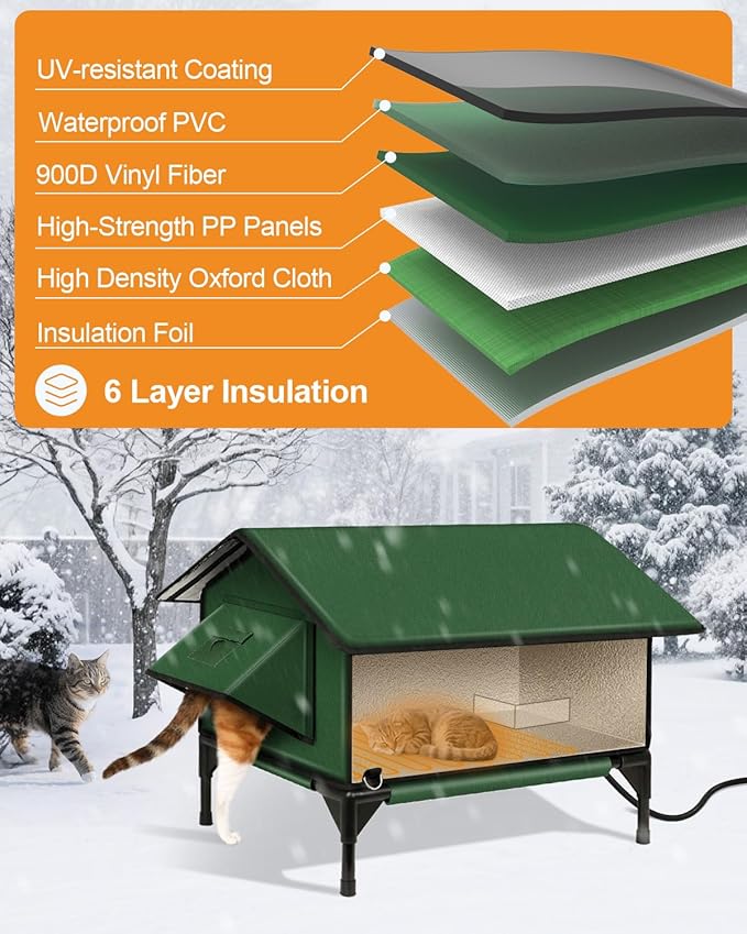 100% Waterproof Heated Cat House for Outdoor Cat with Safe Escape Door, Cat Bed Weatherproof Cat Shelter Kitty with Cat Heating Pad, Insulated Warm House for Feral Cat(Green, 24"x16"x20.2")