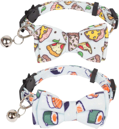 ADOGGYGO Cat Collar Breakaway with Bow Tie Bell - 2 Pack Kitten Collar with Removable Bowtie, Sushi Pizza Bowtie Collar for Cats Kittens (7.5"- 10.5")