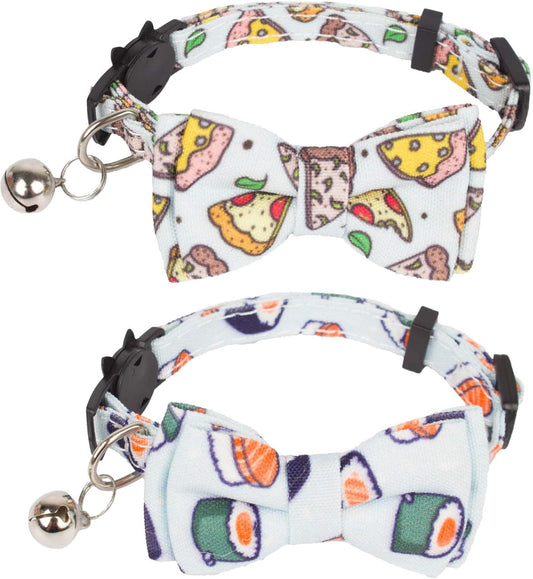 ADOGGYGO Cat Collar Breakaway with Bow Tie Bell - 2 Pack Kitten Collar with Removable Bowtie, Sushi Pizza Bowtie Collar for Cats Kittens (7.5"- 10.5")