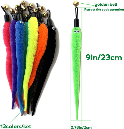 AcceLeah Cat Worm Toy Teaser Wand Replacement, Cat Worms & Dragonfly Refill, Assorted Teaser Refills with Bell (12Pcs)