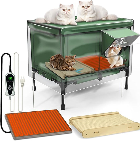 4-in-1 Heated Cat House for Outside with Heating Pad, Scratching Bed and Elevated Bed, Waterproof Windproof TPU Rain Cover, Large Cat Winter House Outdoor