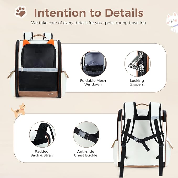 Lekereise Ventilated Cat Backpack Carrier, Pet Carrier Backpack Airline Approved for Small Dogs Medium Cats Fit Up to 18 Lbs, Dogs Foldable Backpack Carrier for Travel, Hiking, Beige-Orange Ears
