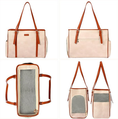 Fashion Dog Purse Pet Carrier Leather Bag for Small Dogs Cats Puppy, Portable Tote Bag Airline Approved Soft-Sided Carriers (Beign)