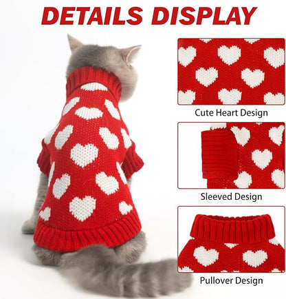 KOOLTAIL Turtleneck Cat Sweater - Soft Knit Christmas Sweater With Heart Love Pattern, Thick Warm Cold Weather Clothes for Small Medium Large Kittens Puppies, Red L