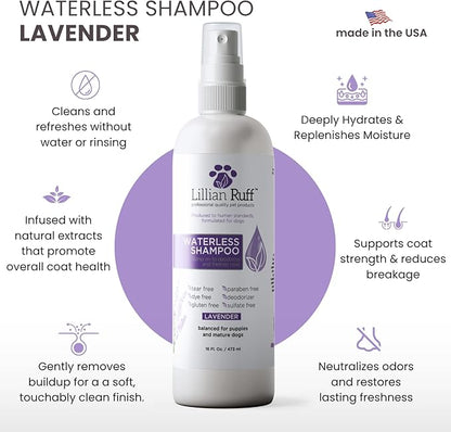 Lillian Ruff Waterless No-Rinse Dog Dry Shampoo Spray with Hydrating Essential Oils - pH-Balanced Dry Shampoo for Dogs - Clean, Condition, Detangle & Deodorize Dry, Sensitive Skin (Lavender)
