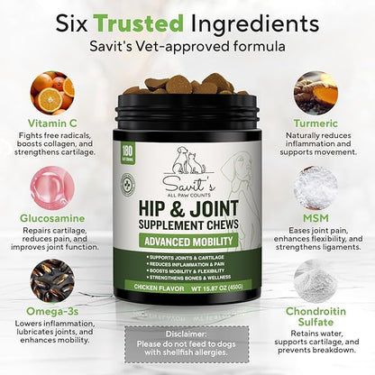 Savit's Dog Hip and Joint Supplement Chews - Dog Joint Supplement for Mobility - Canine Hip Support Pain Relief Supplements with Glucosamine, Turmeric, Chondroitin - Chicken Flavored - 180 Soft Chews