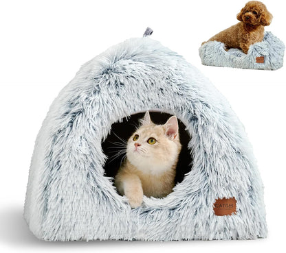 CATISM Cat Beds for Indoor Cats 2 in 1 Cat Bed Cave Machine Washable Fluffy Cat Cave Bed Foldable Non-Slip Washable Cushioned Pillow Soft Plush Premium Cotton Pet Bed for Kittens and Small Dogs Gray L