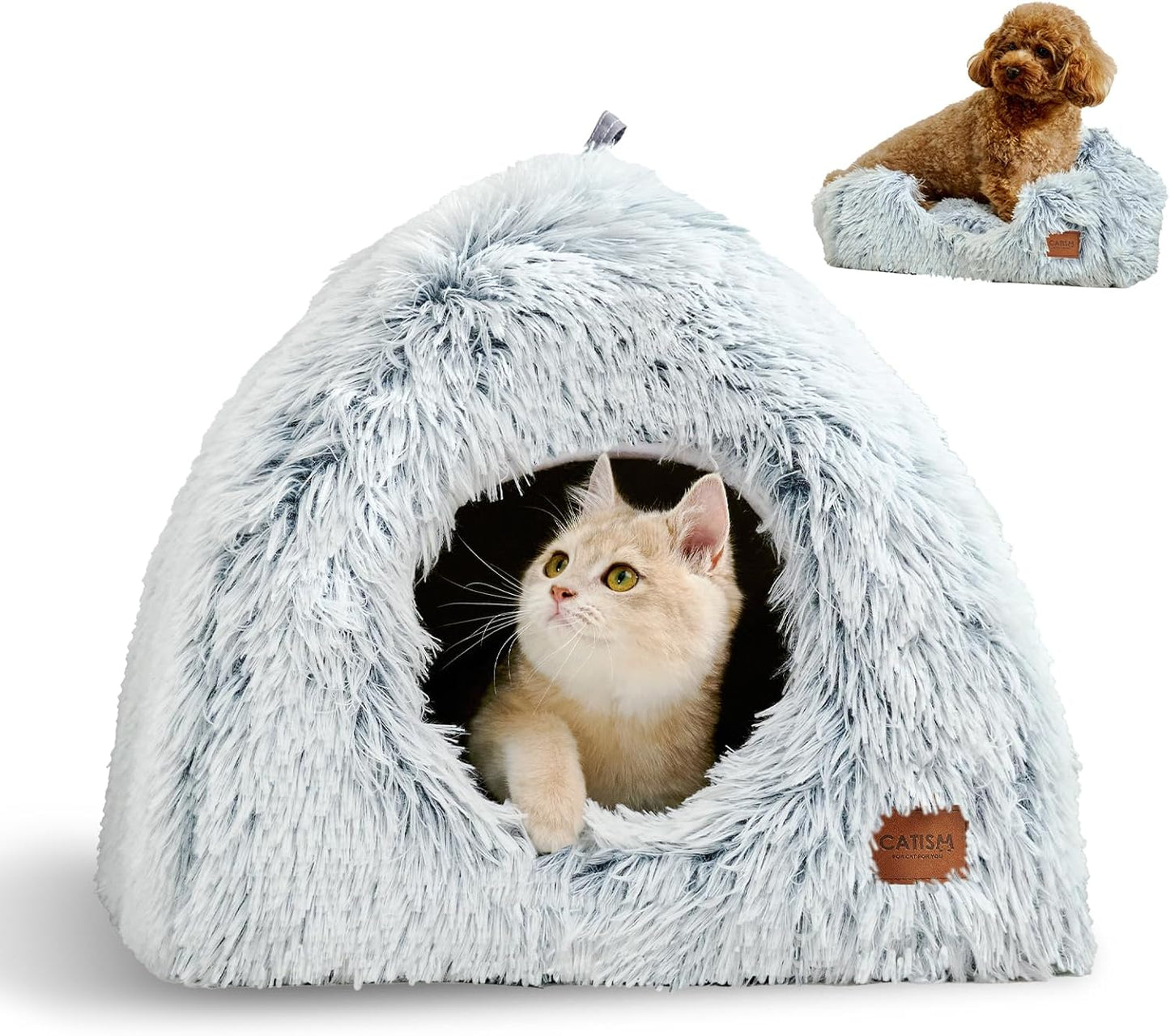 CATISM Cat Bed, Cat Cave for Indoor Cats, Soft Cat Dome, Self-Warming 2 in 1 Foldable Pet Cat House with Washable Cushioned Pillow Calming Fluffy Dog Beds for Small Dogs with Anti-Slip Bottom Gray