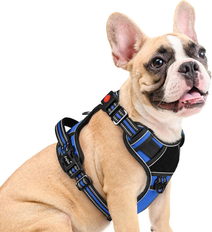 Eagloo Dog Harness Medium Sized, Easy Wearing with 3 Buckles, Adjustable No Pull Pet Harness with 2 Rings for Walking, No Chock Reflective Soft Padded Vest with Control Handle, Blue & Black, M