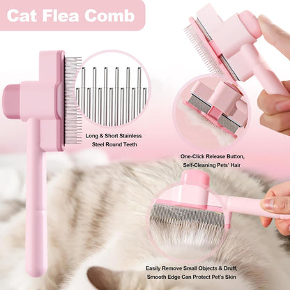 Cat Grooming Kit, 4-in-1 Cat Grooming Tools with Cats Brush, Flea Comb, Nail Clipper & Trimmer - Deshedding & Dematting for Pets Hair and Paws, Pet Shedding Set for Indoor Dogs & Cats (Pink)