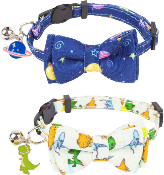 ADOGGYGO Cat Collar Breakaway with Cute Bow Tie Bell, 2 Pack Kitten Collar with Removable Bowtie, Universe Dinosaur Bowtie Collar for Kitten (6.5"- 8.5")