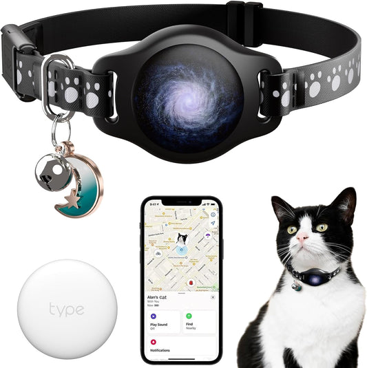 Cat Tracker Collar Waterproof Airtag Cat Collar with Finder Tag (iOS ONLY Not for Android Devices), Compatible with Apple Find My, Breakaway Tractive with Reflective Pattern & Bell, Black, 8-12"