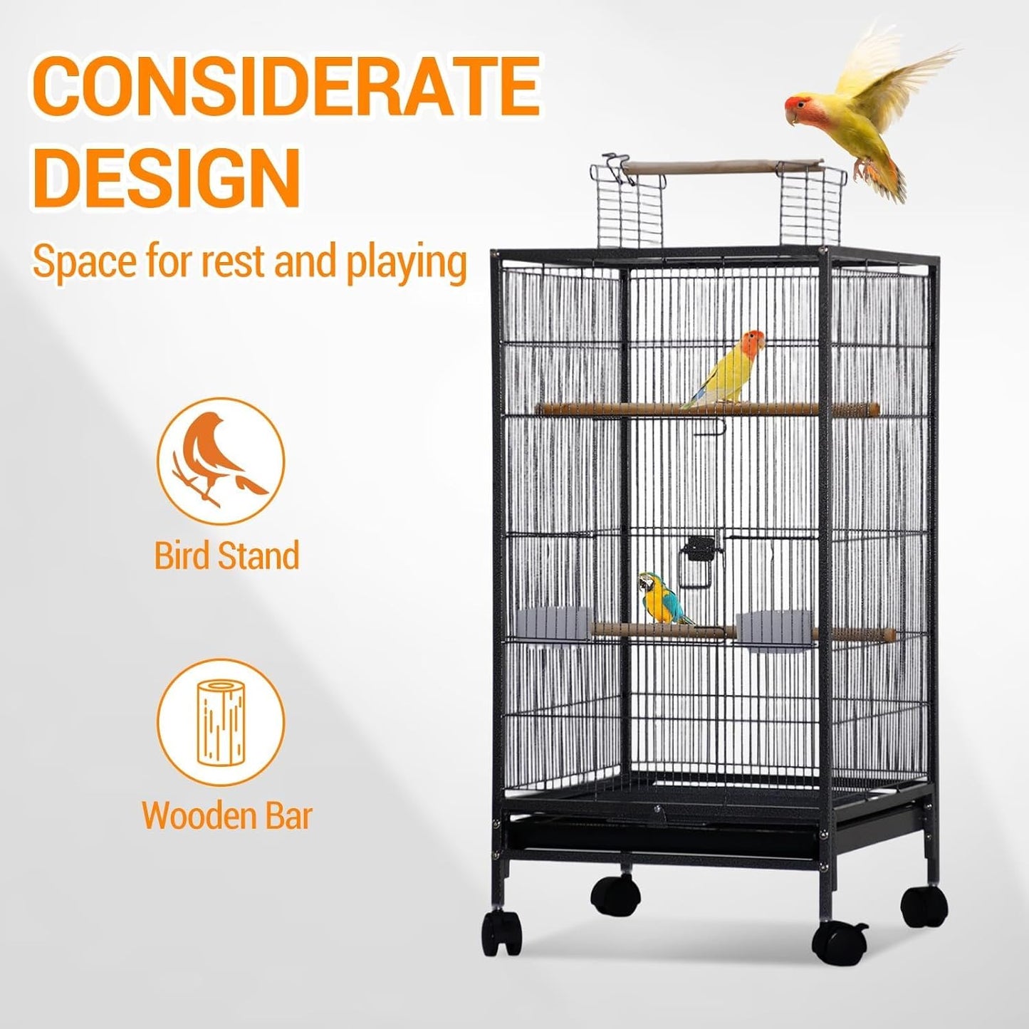 GarveeHome Small Bird Cage with Wheels, 40 Inch Parakeet Cage with Top Stand, Portable Bird Carrier for Parakeets, Canaries, Lovebirds, Small Quaker, Cockatiels, Budgie, Green Cheek