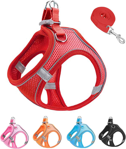 L Red Soft Mesh Dog Harness and Leash Set,No Escape Puppy Harnesses for Training Walking， Reflective Adjustable Puppy Vest for Small Medium Dogs, Cats (Red, L)