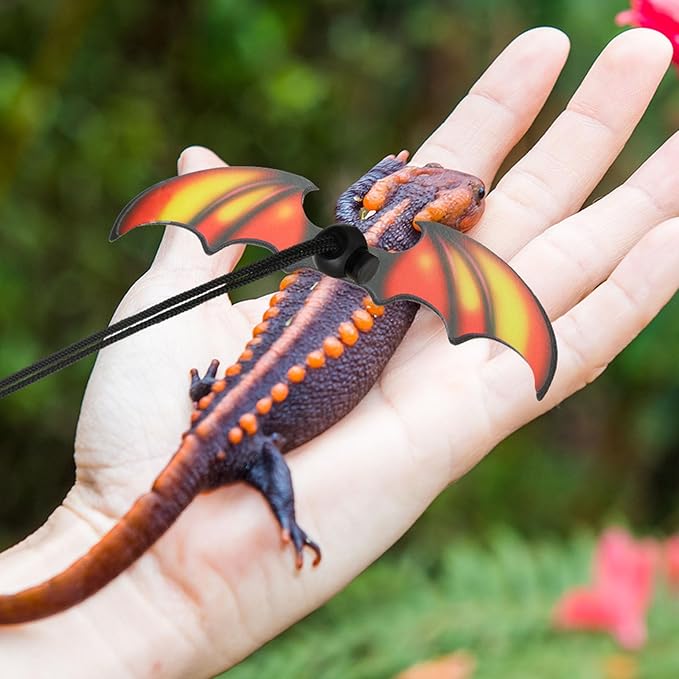 Bearded Dragon Leash and Harness Set 3 Size Pack Adjustable Cool Leather Lizard Leash with Dinosaur Wings for Reptile Safety Walking Accessories, Black
