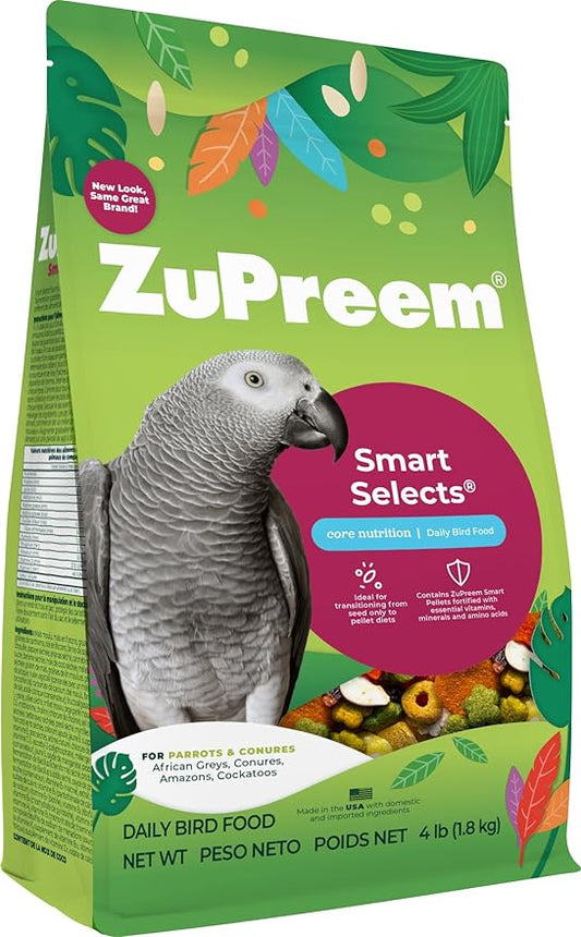 ZuPreem Smart Selects Daily Bird Food for Parrot, Conure, Caique, African Grey, Eclectus, Small Cockatoo, Bird Pellets and Seed Blend, Nutrition for Medium Large Birds, Parrot Food (ML, 4 lbs)