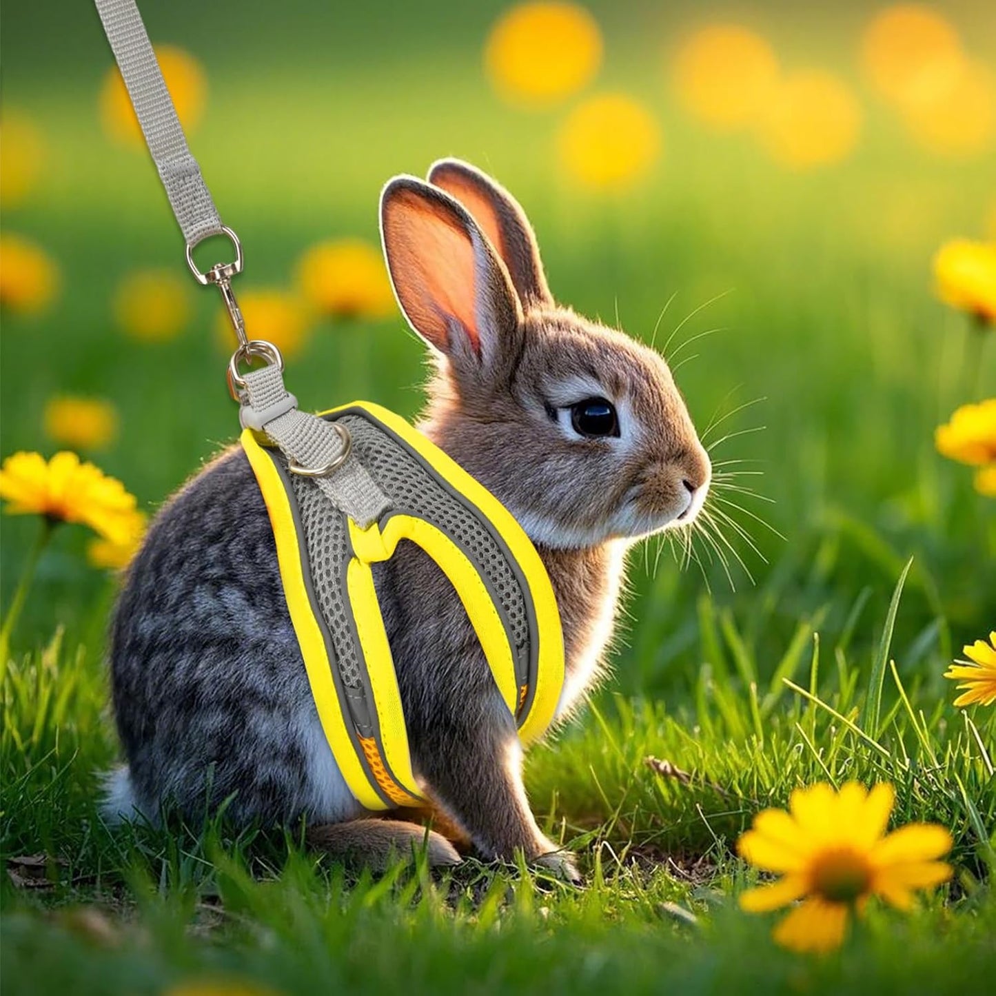 2 Pack Rabbit Harness and Leash Set, Double Buckle Bunny Harness with Reflective Strips Soft Breathable Mesh Vest Harness for Rabbits Walks Accessories(Pink and Yellow)