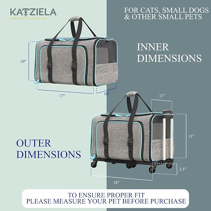 Katziela Rolling Rover Airline Compliant Expandable Premium Pet Carrier 6-Wheeled Baseboard Telescopic Handle Two-Sided Expandable Rolling Carrier Designed (Gray- Blue Piping)