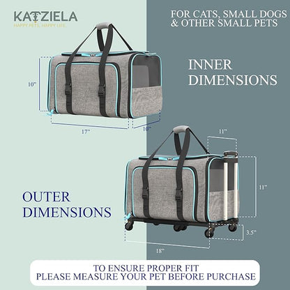 Katziela Rolling Rover Airline Compliant Expandable Premium Pet Carrier 6-Wheeled Baseboard Telescopic Handle Two-Sided Expandable Rolling Carrier Designed (Gray- Blue Piping)