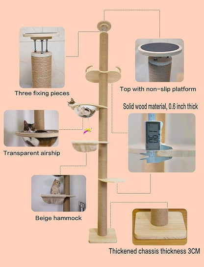 Floor-to-Ceiling Cat Tree with Natural Sisal Rope Scratching Post - Adjustable Height (55-119 Inches) - Modern Cat Activity Tree, Cat Scratcher Post