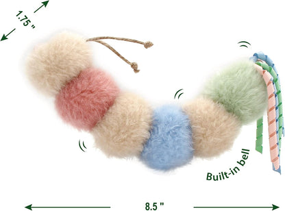 Interactive Natural Catnip Kicker, with Rattle and Ribbon, Bite Resistant, for All Ages Indoor Cat, Soft Caterpillar Kicker, Fluffy Kitten Toy