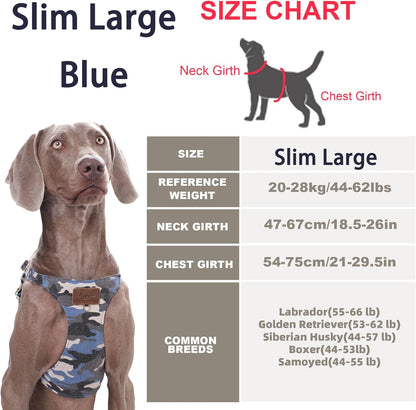 Dog Harness, No Pull Dogs Harness and Multi-Function Leash Set for Medium Dogs Easy Walk Everyday Adjustable Soft Dog Vest Harness Fashionable Dog Accessories Camouflage Blue-Slim Large