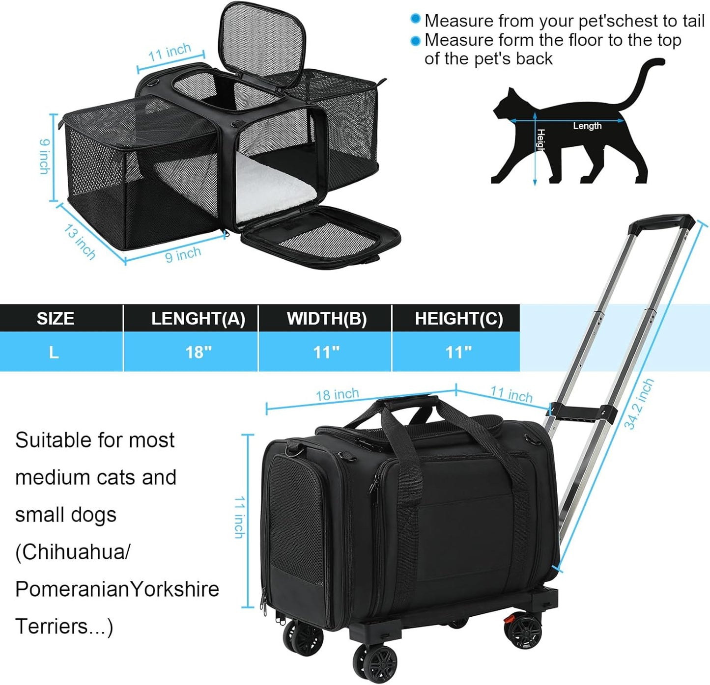 Pet Carrier Airline Approved, Expandable Pet Cat Carriers with Wheels for Dogs, Airline Approved Cat Dog Carrier, TSA Approved Pet Carrier In Cabin, Pet Dog Cat Carrier Soft,Cat Travel Carriers(Black)