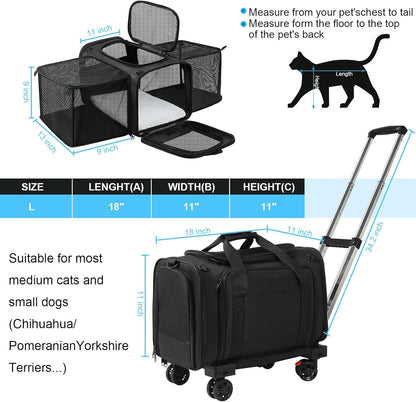 Pet Carrier Airline Approved, Expandable Pet Cat Carriers with Wheels for Dogs, Airline Approved Cat Dog Carrier, TSA Approved Pet Carrier In Cabin, Pet Dog Cat Carrier Soft,Cat Travel Carriers(Black)