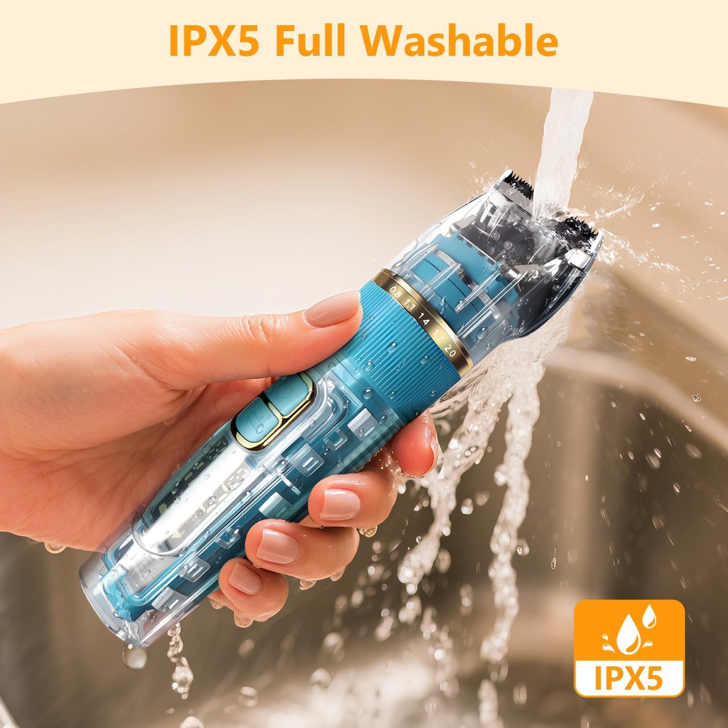 Dog Clippers for Grooming Thick Hair - Professional 50dB Low Noise Cordless Clipper with Titanium Blades & Detachable IPX5 Waterproof Head for Matted Coats, Dogs, Cats and All Pets