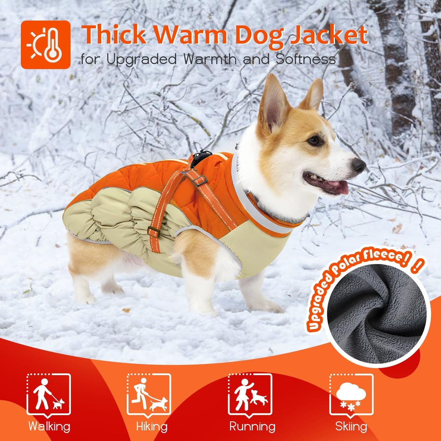 Dog Winter Coat with Harness, Dog Jacket, Pet Clothes with Zipper on Back, Waterproof Windproof Warm Vest, Reflective Cold Weather Coats, for Small Medium Large Dogs, Thick, Orange, S