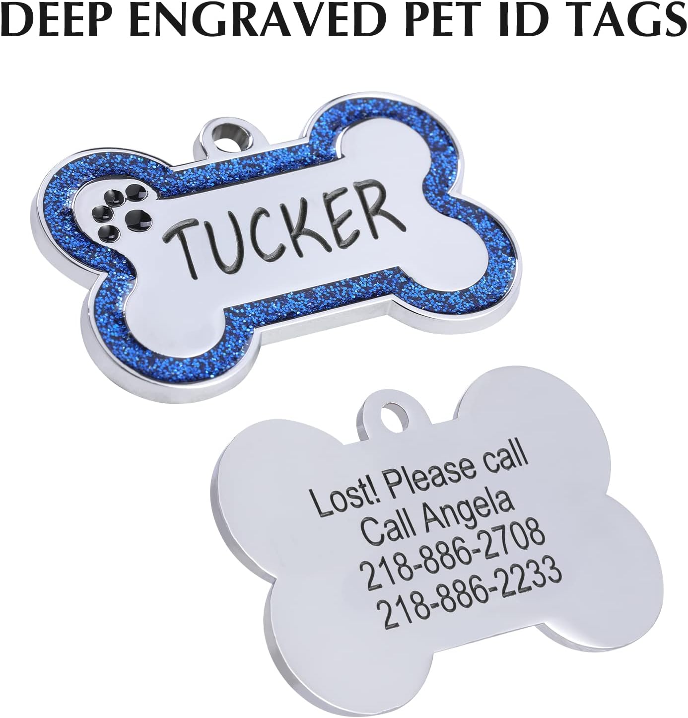 Personalized Stainless Steel Pet ID Tags with Glittery Bone Design - DEEP Engraved Dog Tags Engraved for Pets Customized with 5 Lines Dogs and Cats Pets