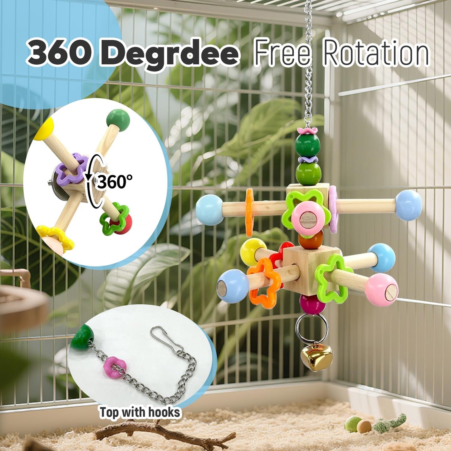 2 Pcs Parakeet Toys, Natural Wood Spinner with Bells, Hanging Cage Accessories for Small Medium Birds to Relieve Boredom and Anxiety