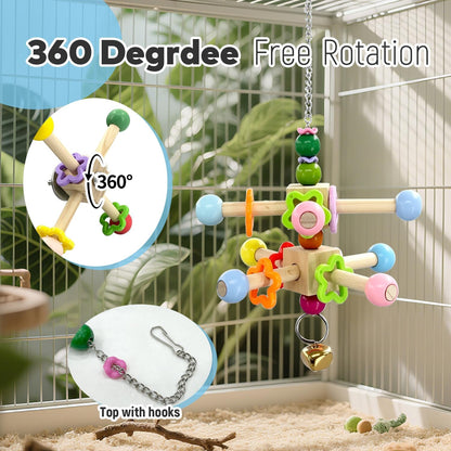 2 Pcs Parakeet Toys, Natural Wood Spinner with Bells, Hanging Cage Accessories for Small Medium Birds to Relieve Boredom and Anxiety