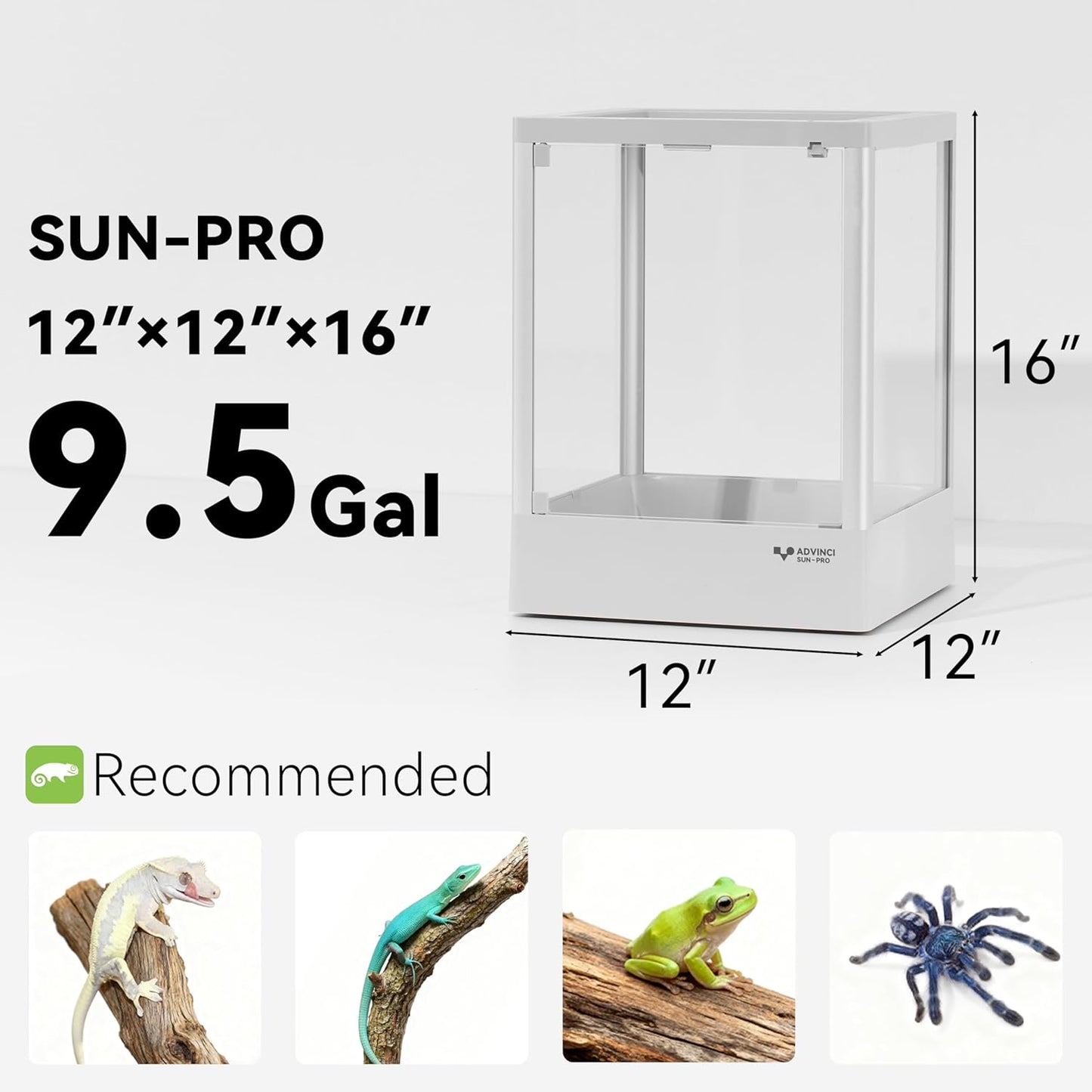 Reptile Glass Terrarium 12"x12"x16" 9.5 Gallon Knock-Down Dual-Locking Security Mesh Ventilation Durable Aluminum Frame Stackable Easy Assembly Customizable Side Panels (Glass or Insulated)