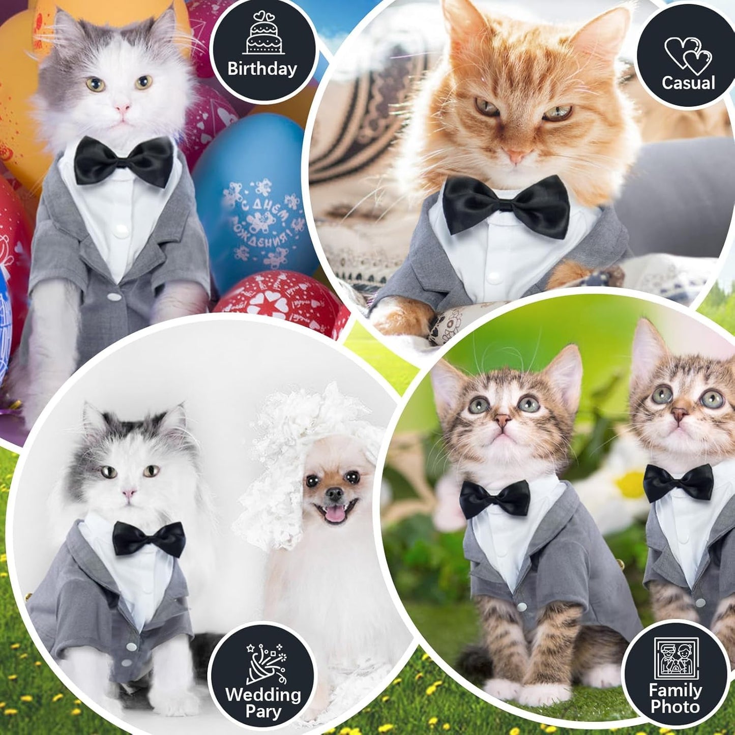 QBLEEV Cat Tuxedo Suit, Cat Halloween Costumes for Cats Only, Sphynx Cat Tuxedo Outfit Costume with Bow Tie, Kitten Formal Attire Wedding Birthday Onesie Clothes for Male Girl Hairless Cats