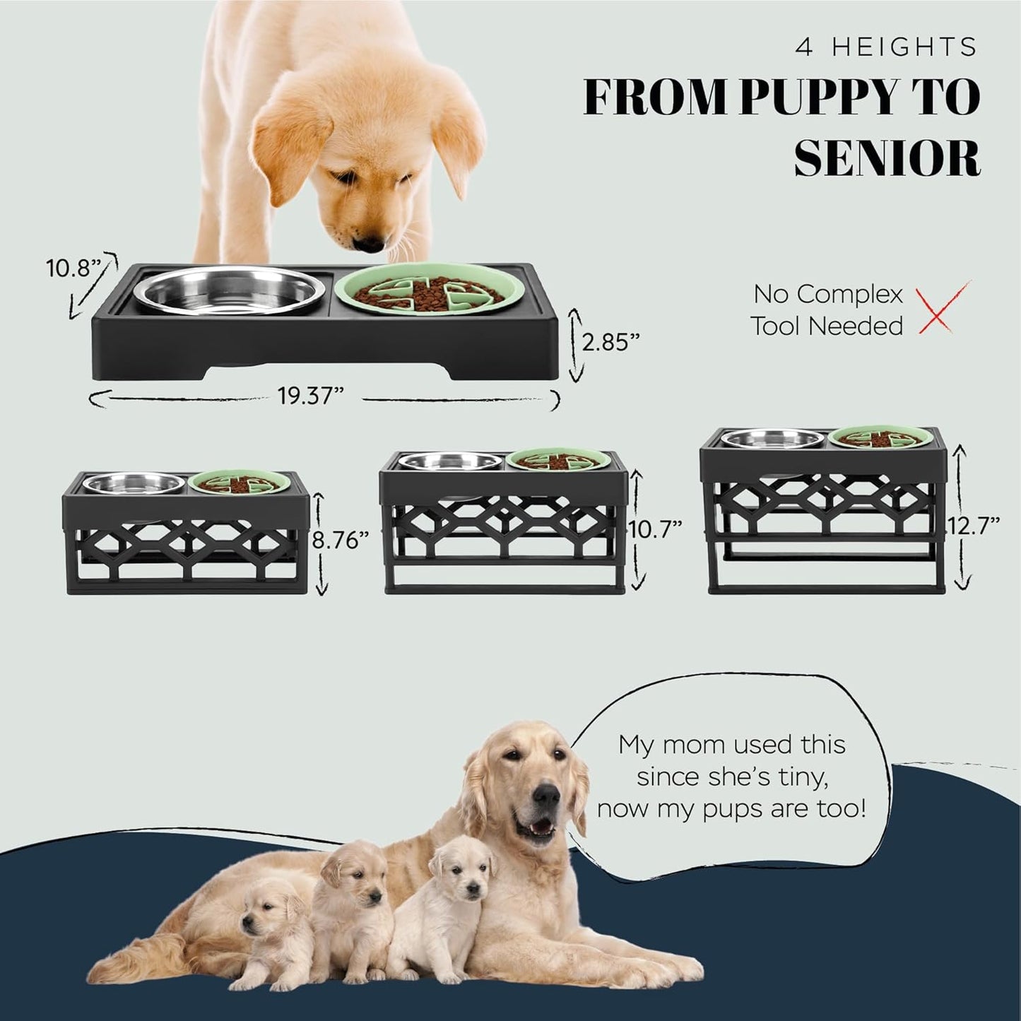 AVERYDAY Large Slow Feeder Dog Bowls Elevated, 4 Height Adjustable Raised Dog Bowl Stand with Stainless Steel Food and Water Bowl, Tall Dogs Feeding Station with Anti-Slip for Medium Large Breeds Dogs