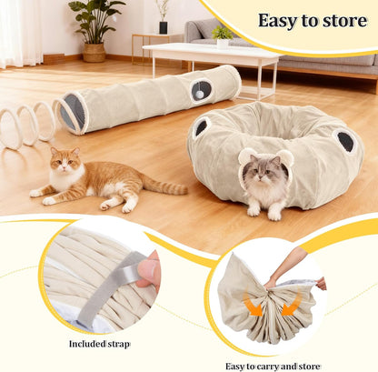 Ownpets 2-in-1 Cat Tunnel Bed, Lollipop Shape Large Cat Tunnel Toy, Plush Foldable Cat Cave Hideout Donut Tunnel for Kitten Rabbit Ferret, Beige