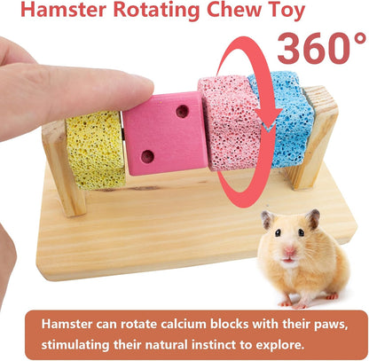 Guinea Pig Chew Toys for Teeth, Natural Hamster Lava Grinding Stone, Adds Calcium to Diet, Rotating Rat Enrichment Toys Wood Stand for Syrian & Dwarf Hamsters, Rats, Guinea Pig, Chinchillas