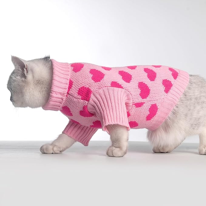 KOOLTAIL Cat Sweater Turtleneck- Soft Pink Knit Cat Sweaters for Cats Only, Heart Love Pattern Thick Warm Cold Weather Clothes, Valentine's Day Pet Outfit for Small Medium Large Size Kitten Puppy Girl
