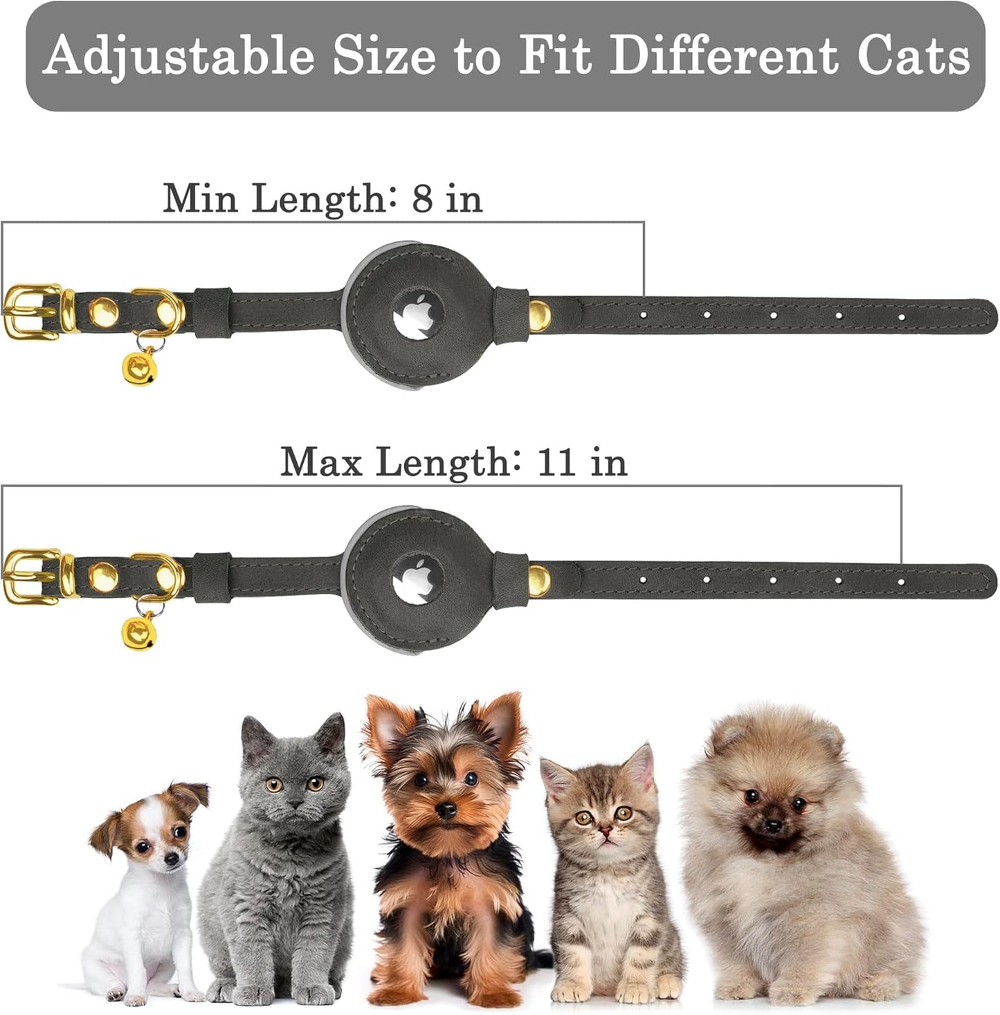 OOPSDOGGY Reflective Leather AirTag Cat Collar with Bell - Non Breakaway Adjustable Pet Collar with Apple Air Tag Holder - Lightweight GPS Kitten Collars for Small Dogs Puppy (Graphite)