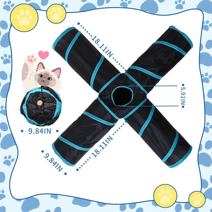 Pet Cat Tunnel, 4-Way Junction Tunnels for Indoor Cats, Collapsible Pet Tunnel for Kitten, Puppy, Rabbit, 25cm-Wide Tunnels, Durable & Breathable, with Peek Hole Toy Ball