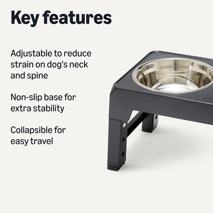 Amazon Basics Elevated Dog Bowls Stand, Height Adjustable Raised Bowl, Stainless Steel Bowls, Non-Slip, Pet Feeder Dish Station, 17.3 x 9.4 x 12 in, Black