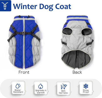 Dog Winter Coat with Harness, Dog Jacket, Pet Clothes with Zipper on Back, Waterproof Windproof Warm Vest, Reflective Cold Weather Coats, for Small Medium Large Dogs, Thick, Blue, L