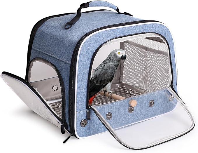 halinfer Bird Travel Carrier Cage for Large Size Parrot, Portable Bag with Metal Tray and Grate to Carry and Transport Medium and Large Birds Like African Grey, Long Tail Cockatiel and Parrot
