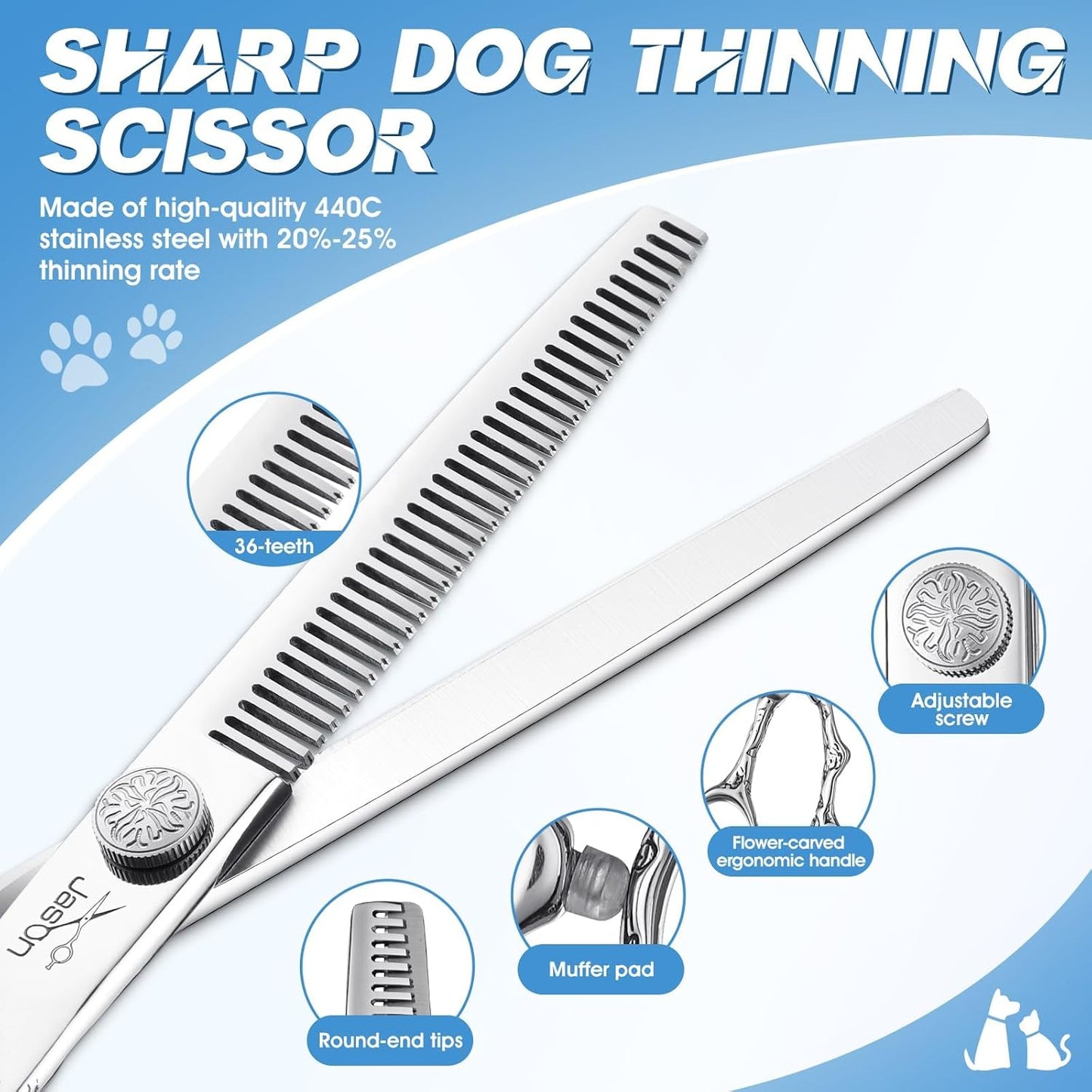 JASON Professional 6 in 1 Dog Scissors Set - 6.5" Thinning, 7" Straight, 7" Up-Curved, 7" Down-Curved Shears and Comb for Cat & Pet (Silver)