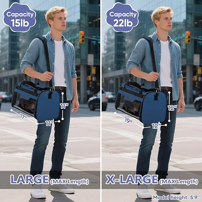 BALEINE Cat Carrier, Puppy Dog Carrier for Small Medium Pets Up to 15 Lbs, Soft-Sided Dog Travel Bag with Safety Zippers, Collapsible Pet Carrying Case (Blue, L, 17"x11"x11")