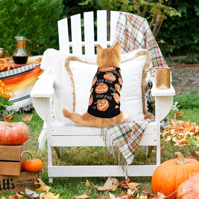 Pet Puppy Dog Halloween Sweater Cat Pumpkin Knitwear Clothes Costume with Cute Boo Pattern Halloween Sweater Coat for Kittens Small Dogs Cats XXL